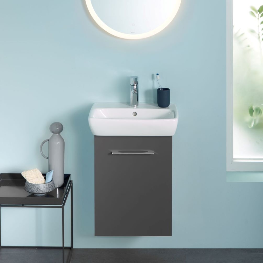 Wide Lifestyle Image of Geberit Selnova 450mm Vanity Unit and Basin in Lava